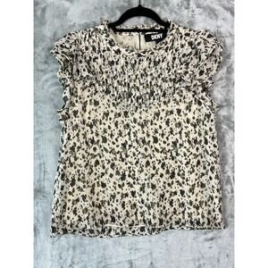 DKNY Blouse Womens L Sheer Chiffon Ruffle Flutter Sleeve Metallic Animal Print